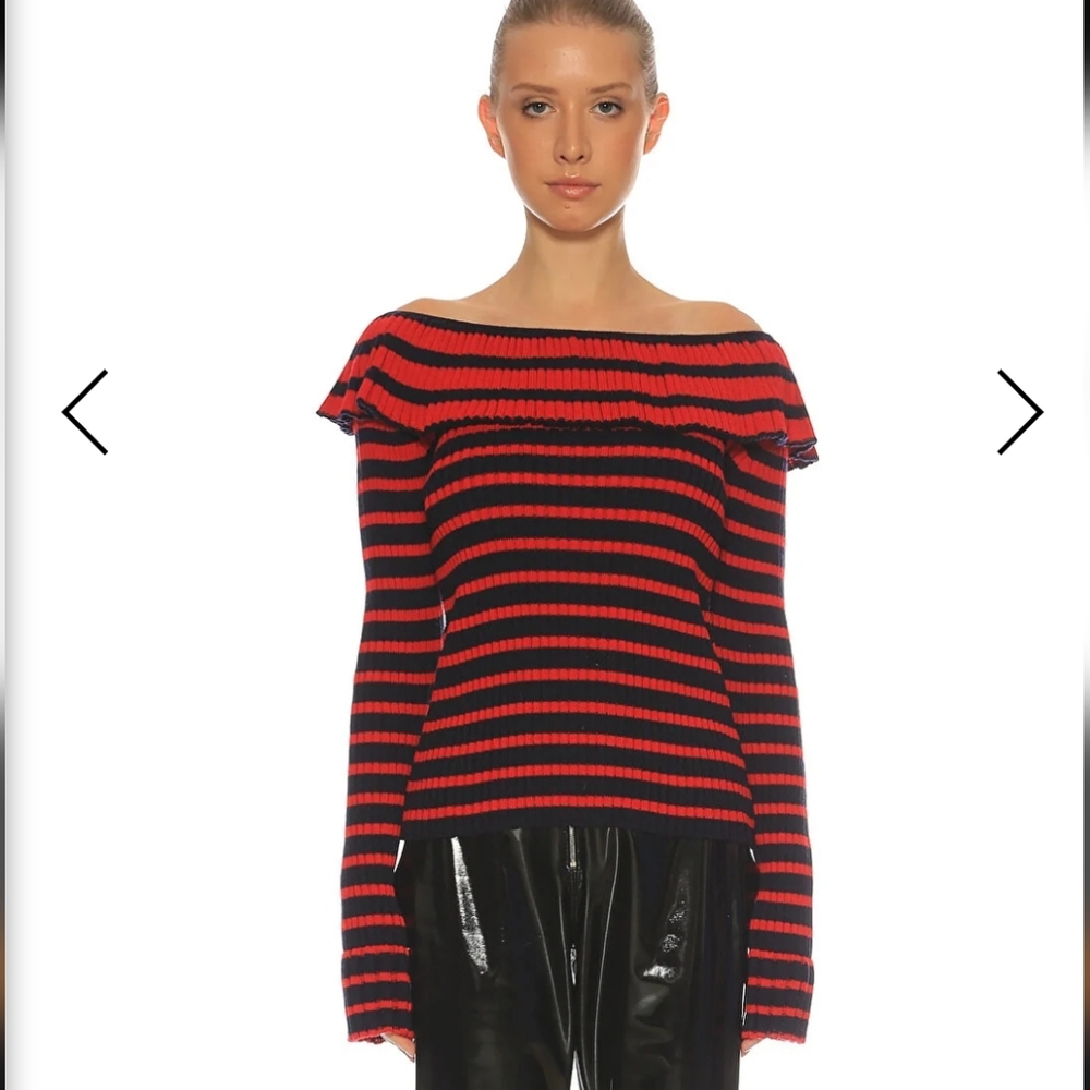 MSGM Milano Knit Off-Shoulder Sweater in Red and Black Stripes